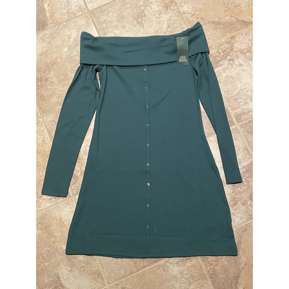 Wild Fable Women's Off Shoulder Long Sleeve Ribbed Green Bodycon Mini Dress Sz-L